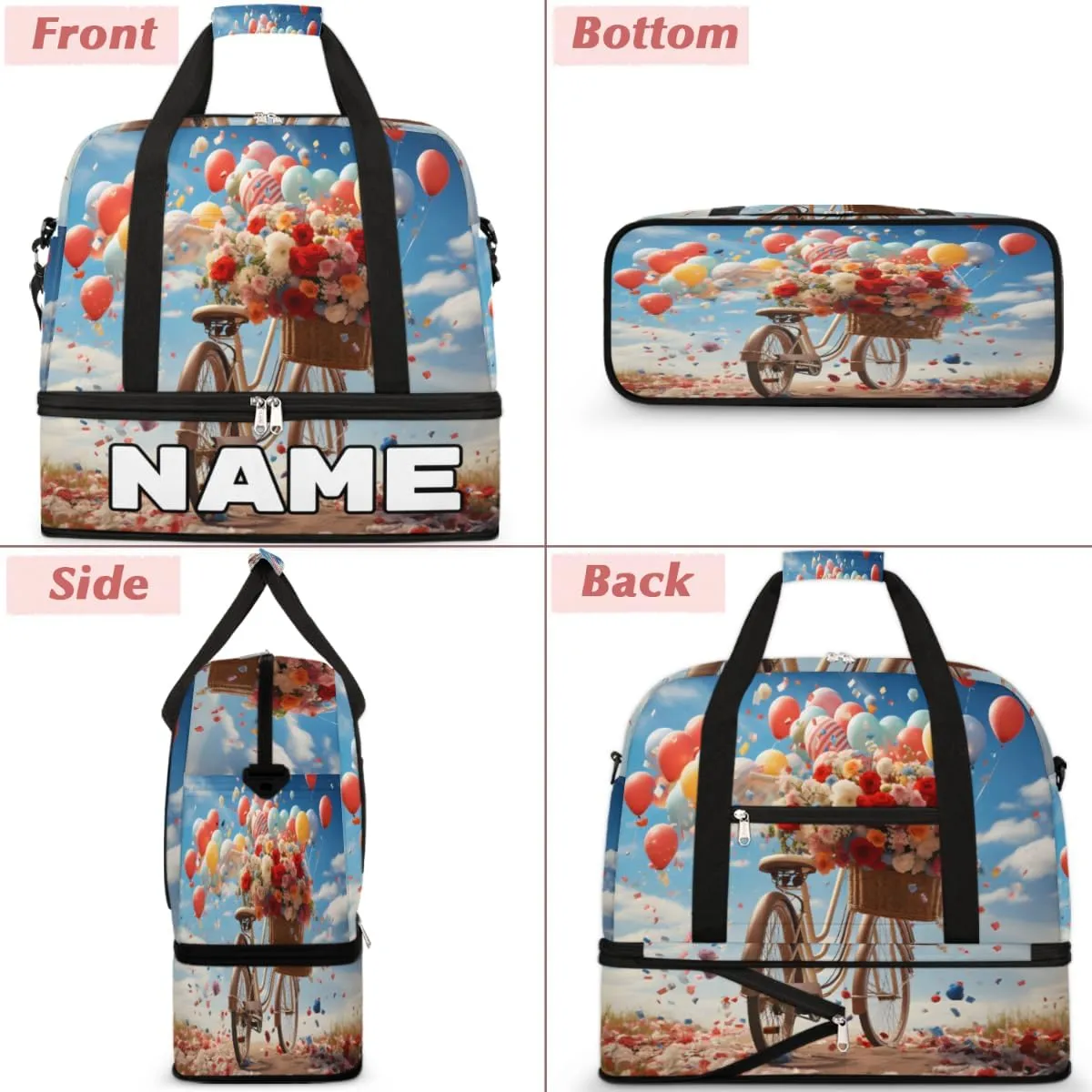 Balloon Bicycles Custom Foldable Duffle Bag with Shoes Compartment Personalized Large Capacity Waterproof Travel Weekender Bag Overnight Bag for Sports Gym