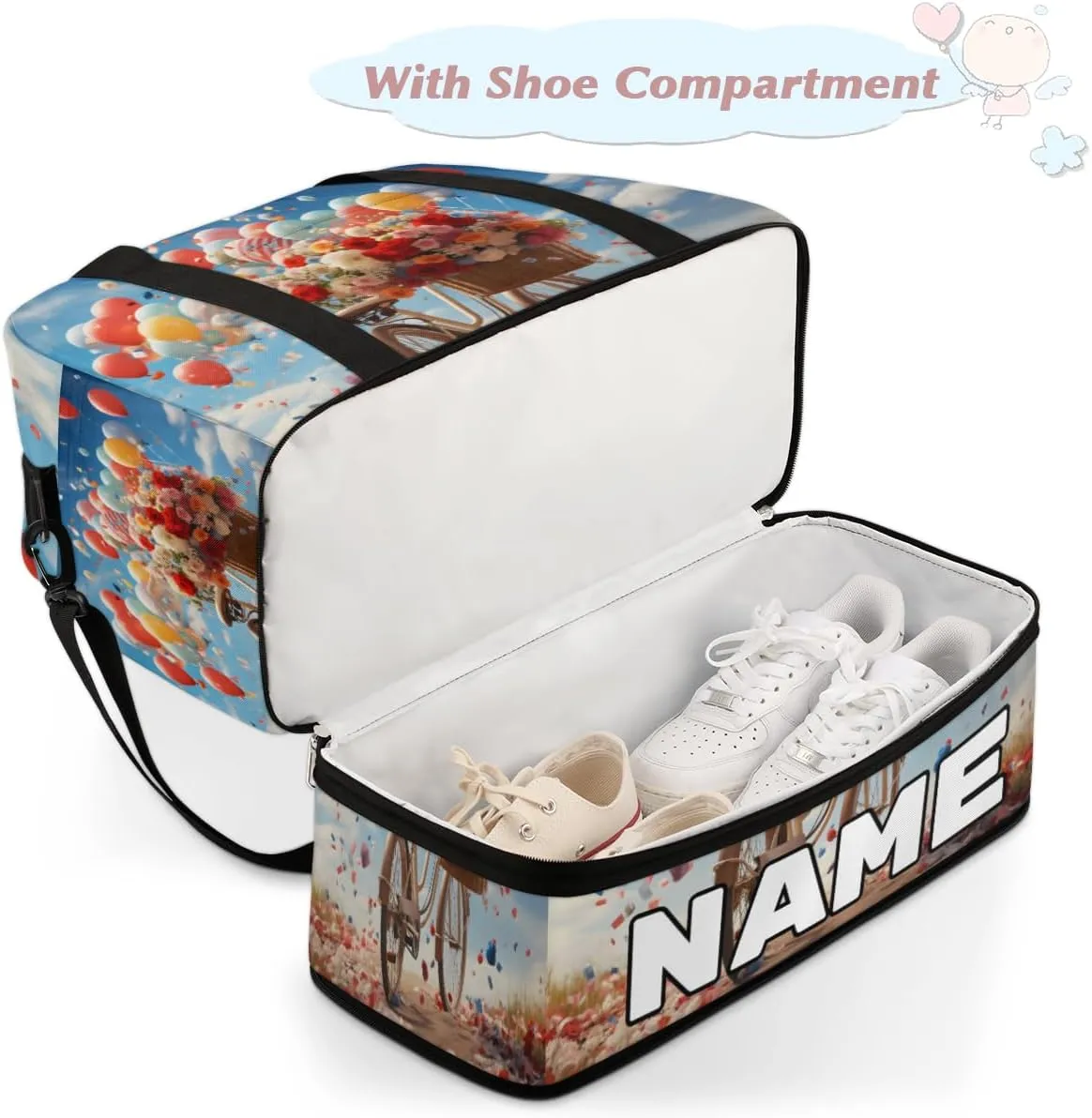 Balloon Bicycles Custom Foldable Duffle Bag with Shoes Compartment Personalized Large Capacity Waterproof Travel Weekender Bag Overnight Bag for Sports Gym