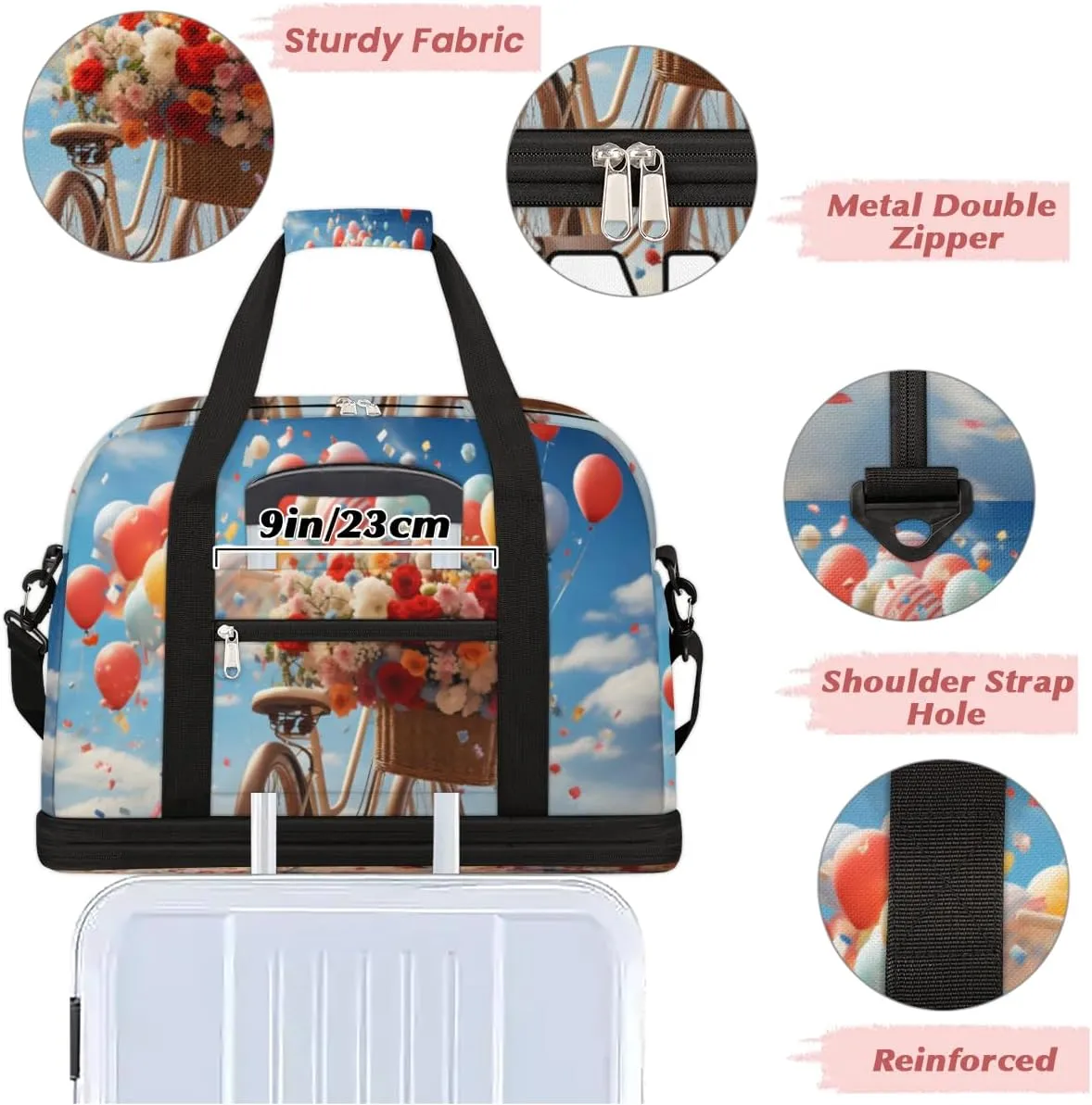 Balloon Bicycles Custom Foldable Duffle Bag with Shoes Compartment Personalized Large Capacity Waterproof Travel Weekender Bag Overnight Bag for Sports Gym