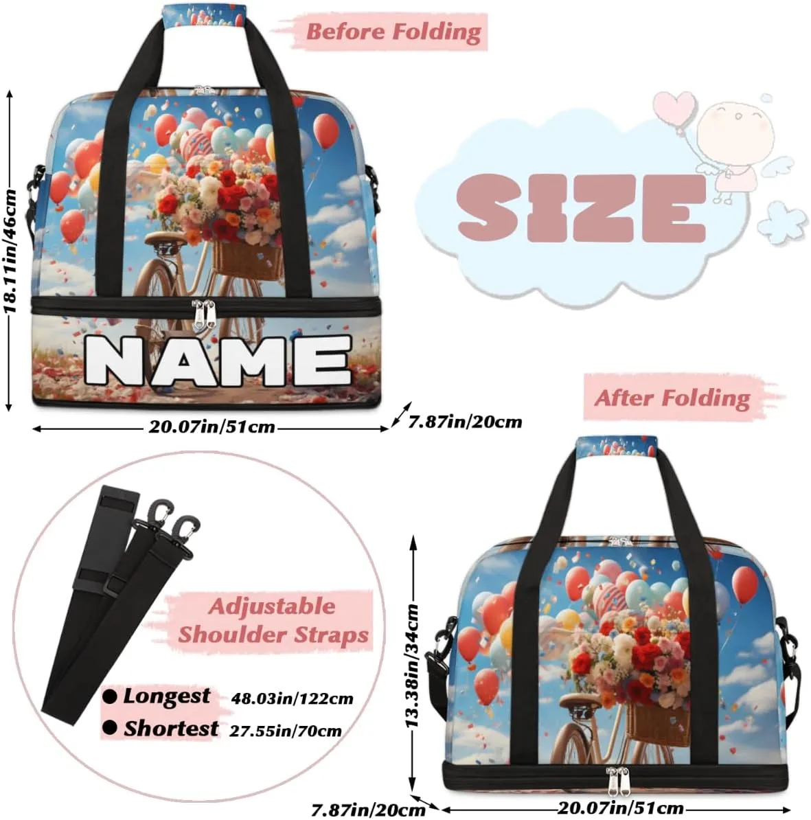 Balloon Bicycles Custom Foldable Duffle Bag with Shoes Compartment Personalized Large Capacity Waterproof Travel Weekender Bag Overnight Bag for Sports Gym