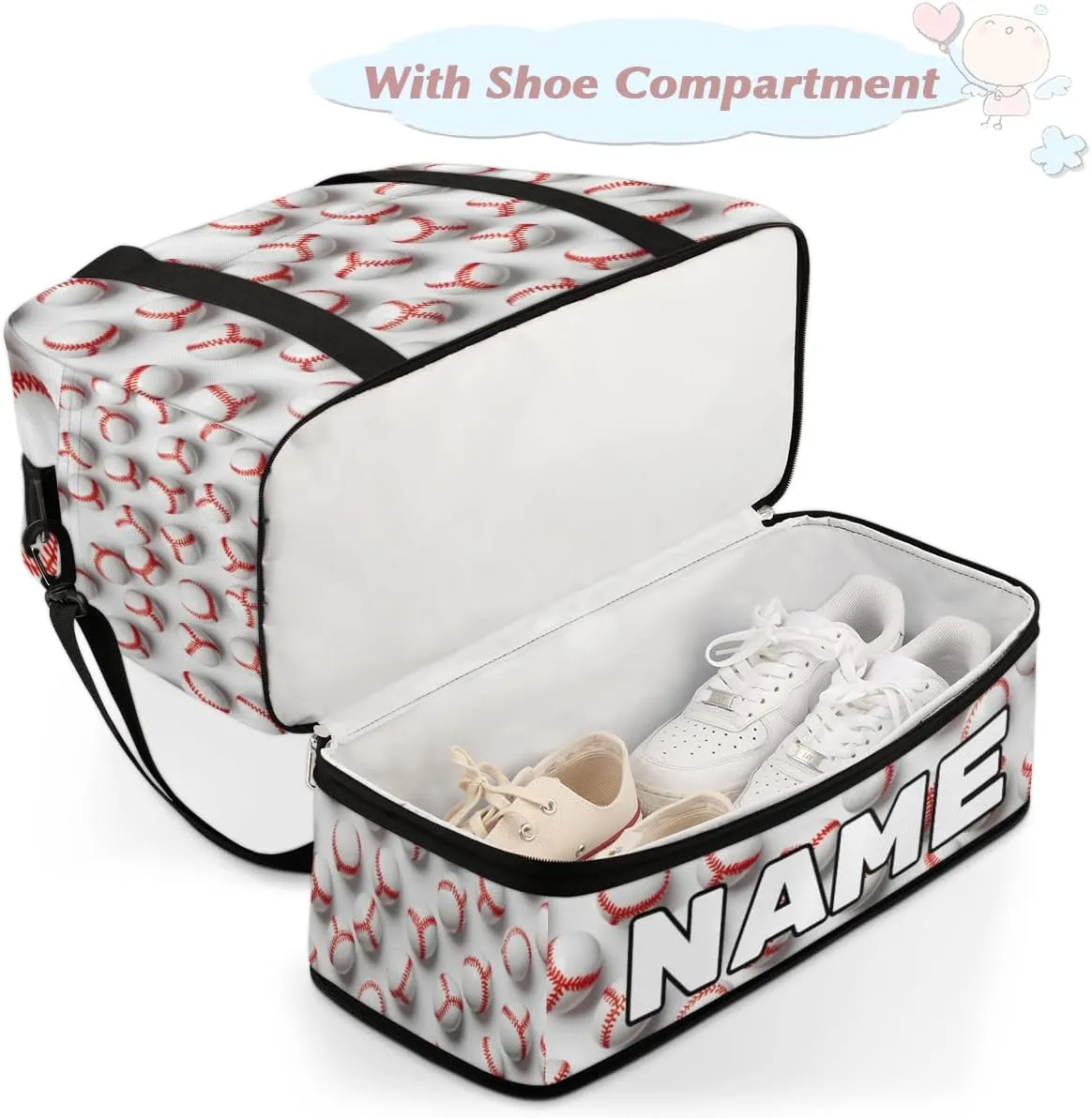 Baseball Custom Foldable Duffle Bag with Shoes Compartment Personalized Large Capacity Waterproof Travel Weekender Bag Overnight Bag for Sports Gym