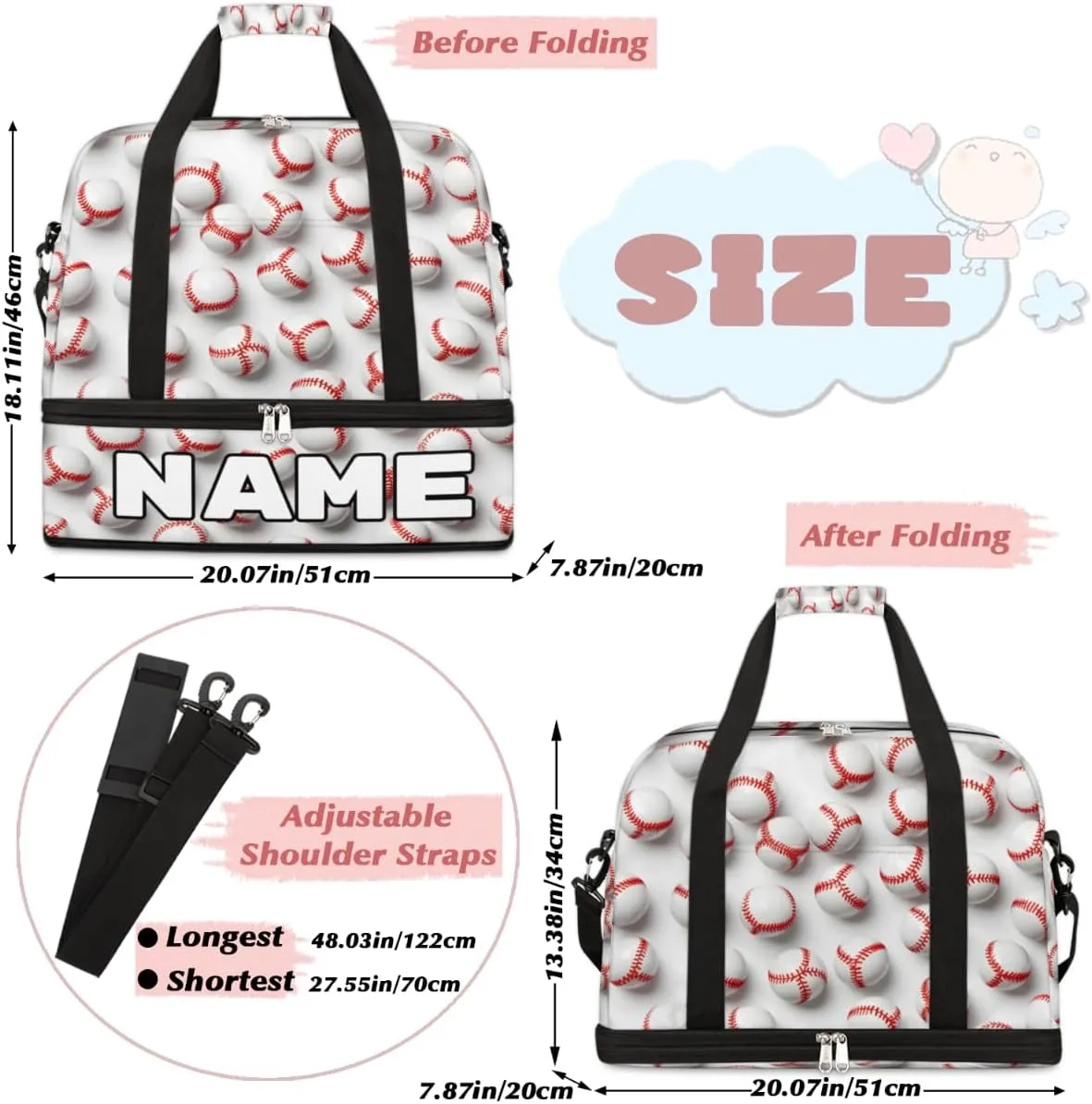 Baseball Custom Foldable Duffle Bag with Shoes Compartment Personalized Large Capacity Waterproof Travel Weekender Bag Overnight Bag for Sports Gym