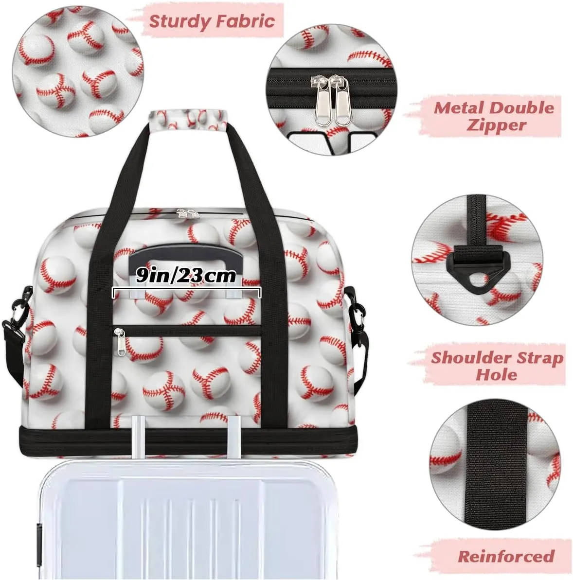 Baseball Custom Foldable Duffle Bag with Shoes Compartment Personalized Large Capacity Waterproof Travel Weekender Bag Overnight Bag for Sports Gym