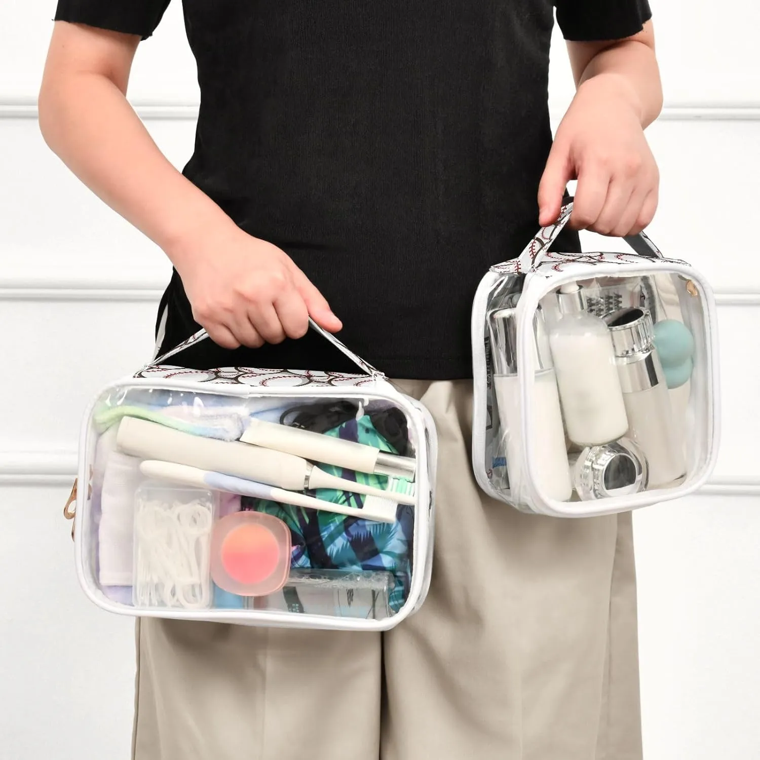 Baseball Soccer 2 Pieces Clear Makeup Cosmetic Toiletry Bags for Women Men PVC Waterproof Portable Travel Storage Carry Pouch with Gold Zippers Travel Organizer for Organizing Traveling Bathroom