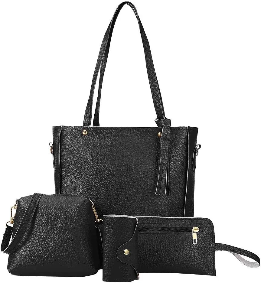 Beach Tote Bag 4 Packet Leather Solid Color Handbags Shoulder Bags Crossbody Hobo Bags Card Purse Work Travel Essential B