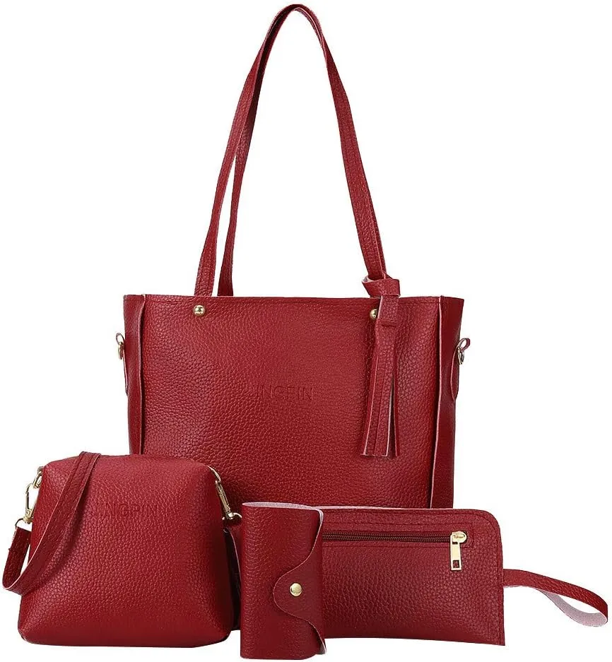 Beach Tote Bag 4 Packet Leather Solid Color Handbags Shoulder Bags Crossbody Hobo Bags Card Purse Work Travel Essential T