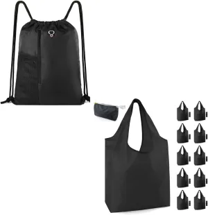 BeeGreen Black Drawstring Backpack Gym Bag & 10 Pack Black Reusable Grocery Bags