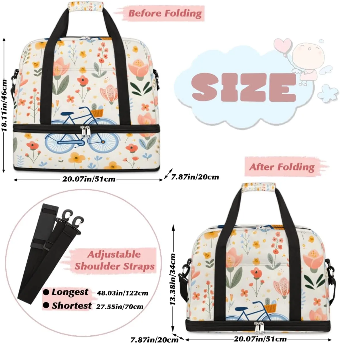 Bicycle Pattern Foldable Travel Duffel Bag Overnight Weekender Bag with Shoes Compartment Sports Gym Bag for Men Women