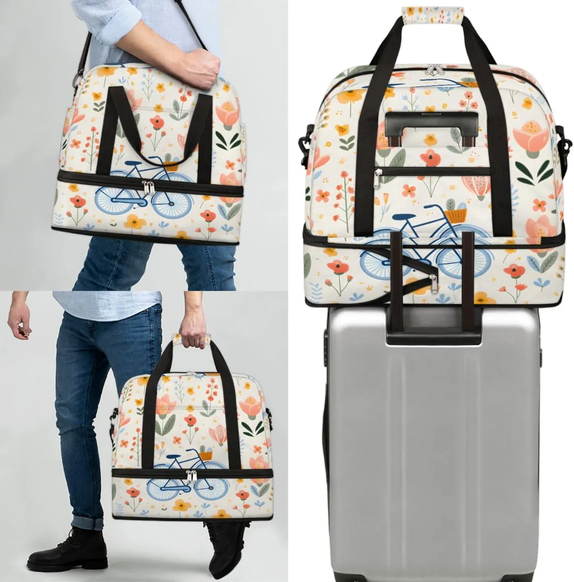 Bicycle Pattern Foldable Travel Duffel Bag Overnight Weekender Bag with Shoes Compartment Sports Gym Bag for Men Women