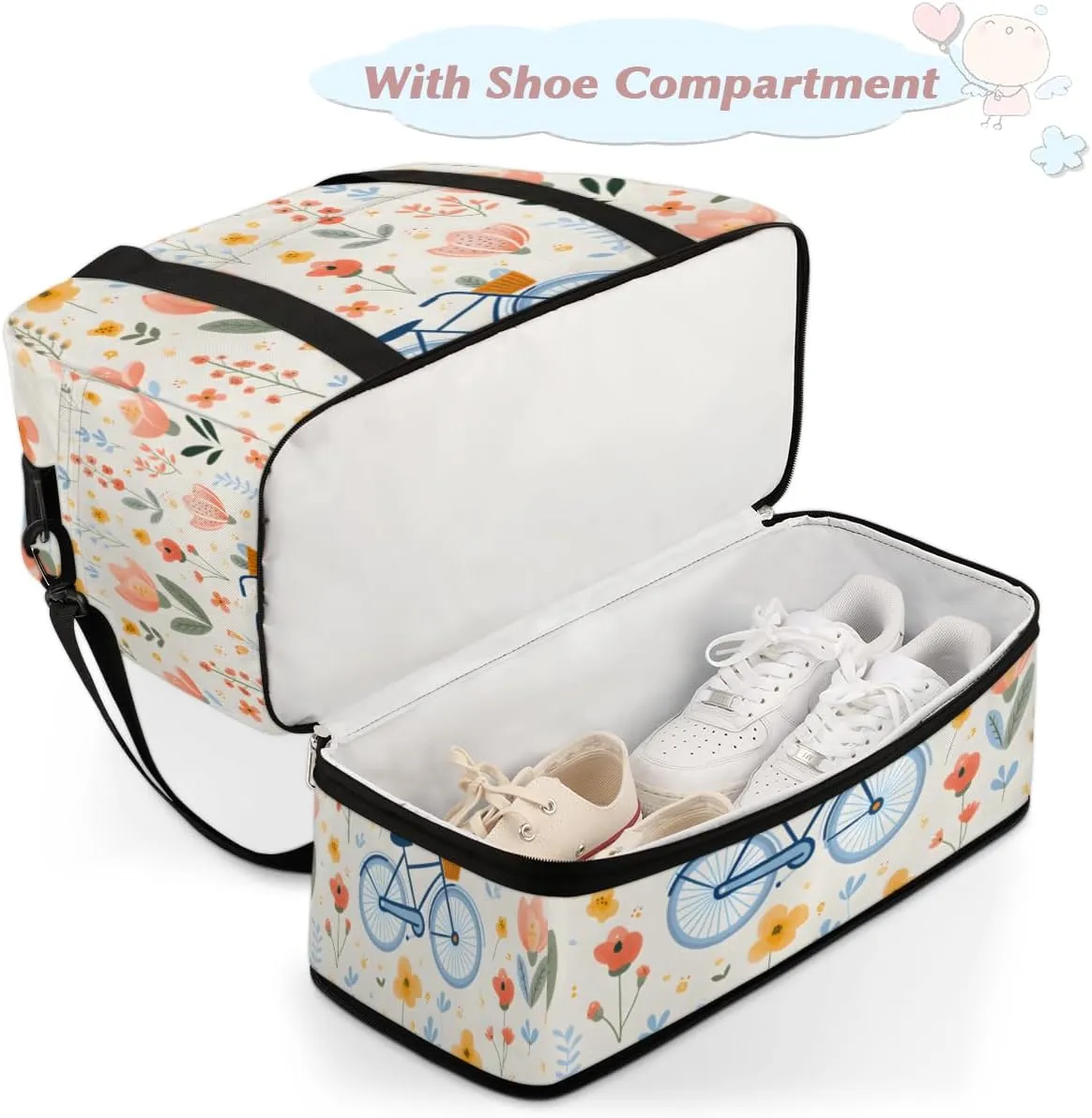 Bicycle Pattern Foldable Travel Duffel Bag Overnight Weekender Bag with Shoes Compartment Sports Gym Bag for Men Women