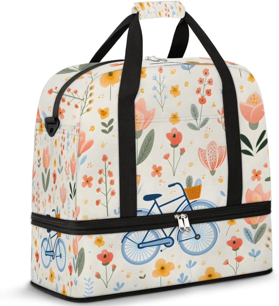 Bicycle Pattern Foldable Travel Duffel Bag Overnight Weekender Bag with Shoes Compartment Sports Gym Bag for Men Women