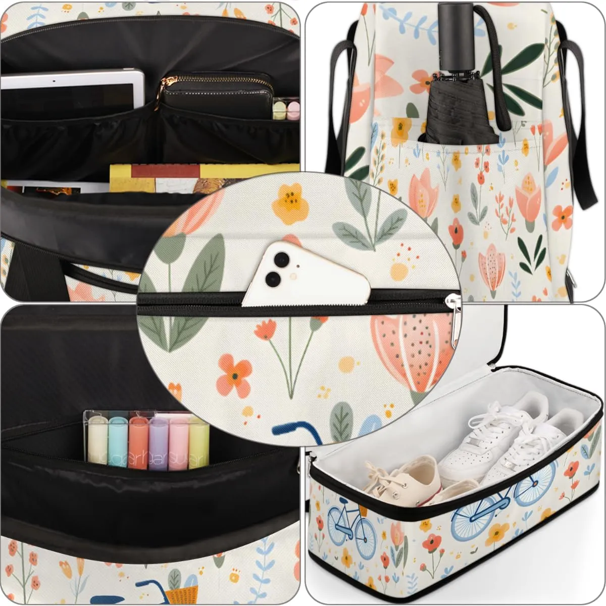 Bicycle Pattern Foldable Travel Duffel Bag Overnight Weekender Bag with Shoes Compartment Sports Gym Bag for Men Women