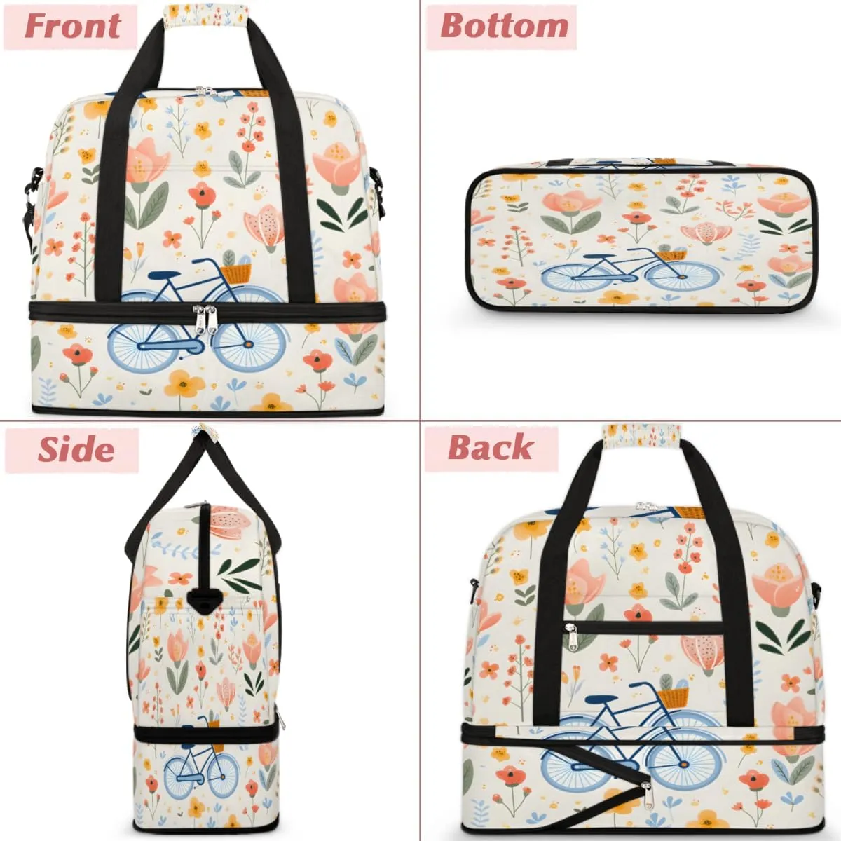 Bicycle Pattern Foldable Travel Duffel Bag Overnight Weekender Bag with Shoes Compartment Sports Gym Bag for Men Women