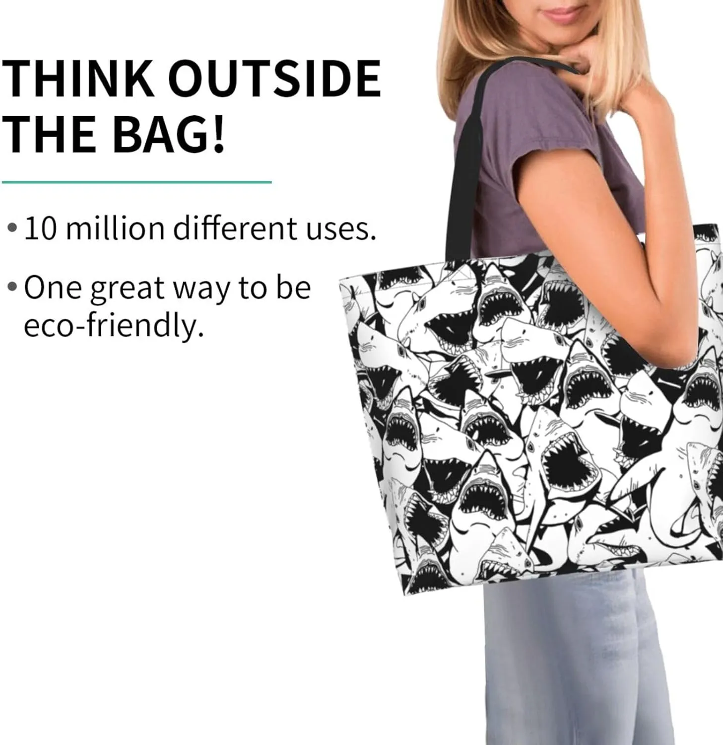 Black and White Great White Shark Women's Tote Bag Large Capacity Single Shoulder Bags Handbag for Shopping Work