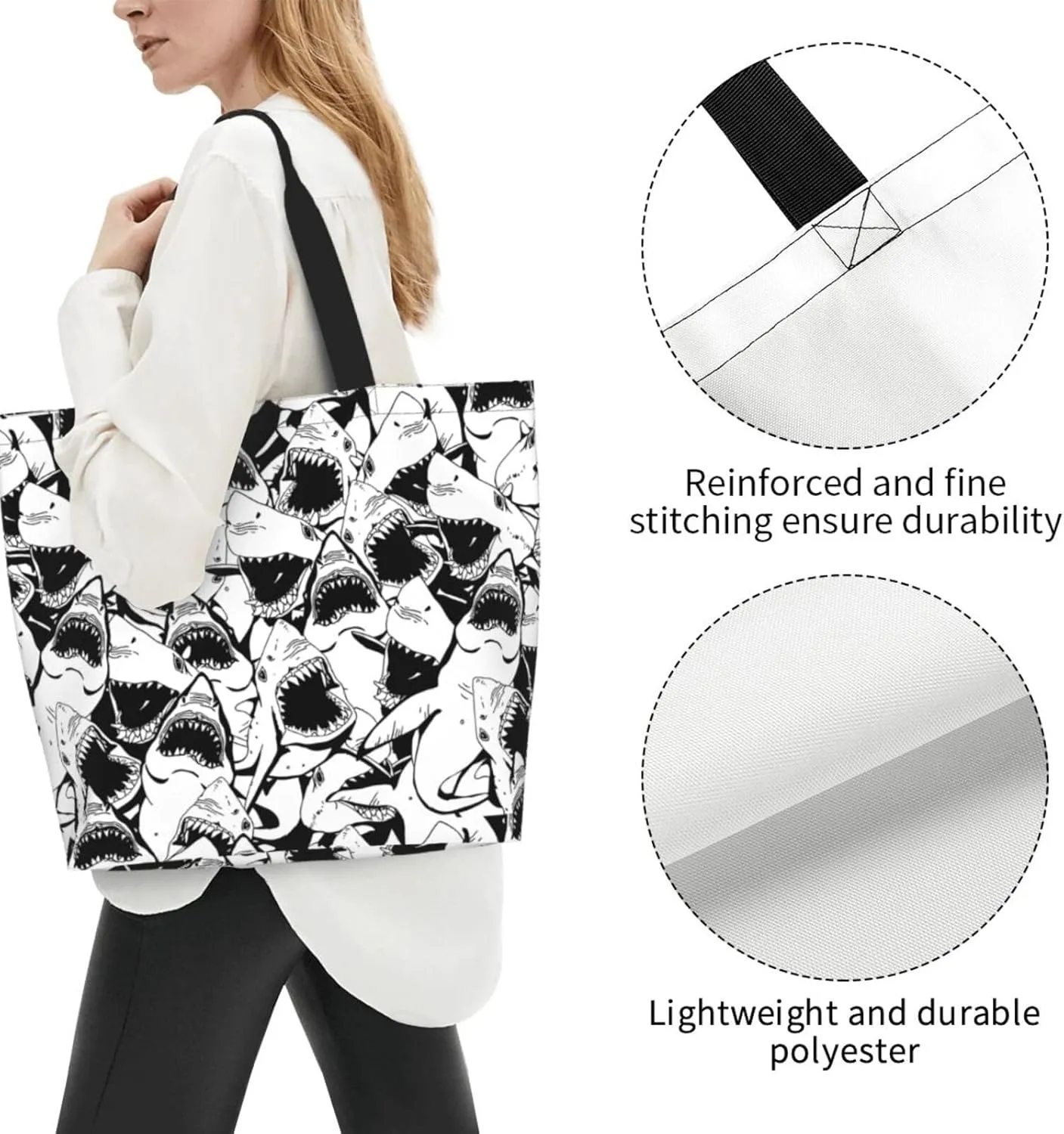 Black and White Great White Shark Women's Tote Bag Large Capacity Single Shoulder Bags Handbag for Shopping Work