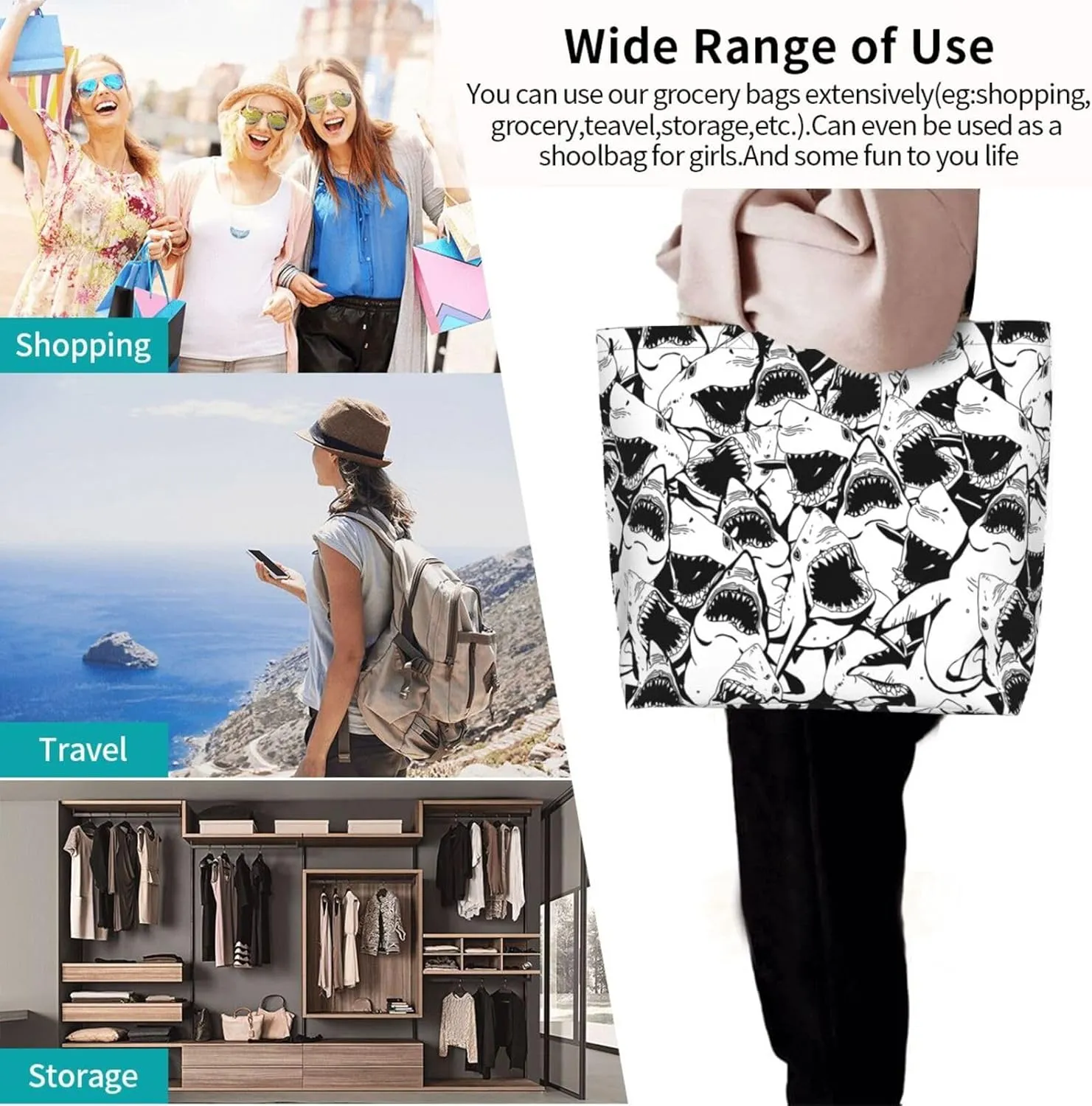 Black and White Great White Shark Women's Tote Bag Large Capacity Single Shoulder Bags Handbag for Shopping Work