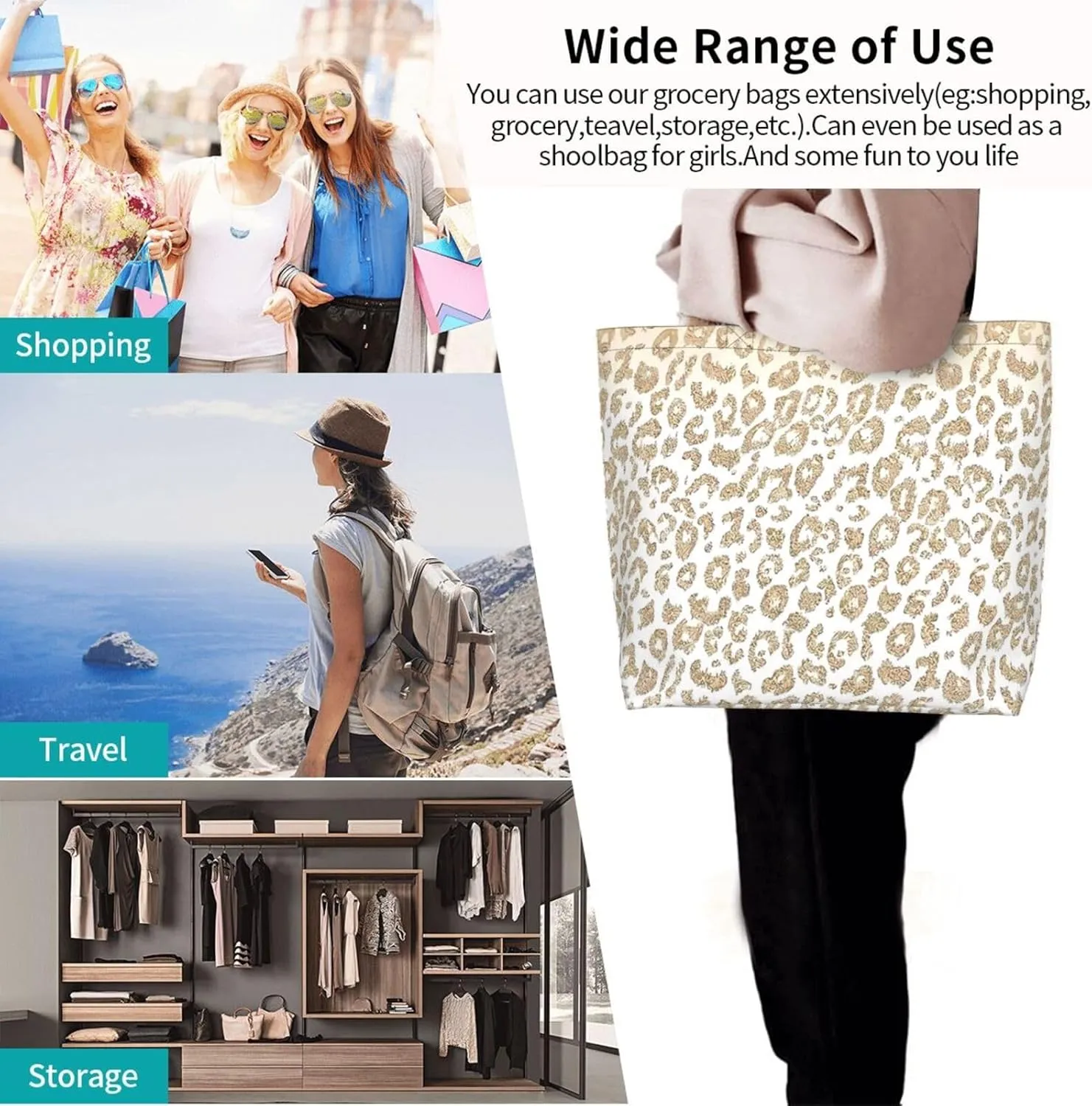 Black Leopard Print Women's Tote Bag Large Capacity Single Shoulder Bags Handbag for Shopping Work
