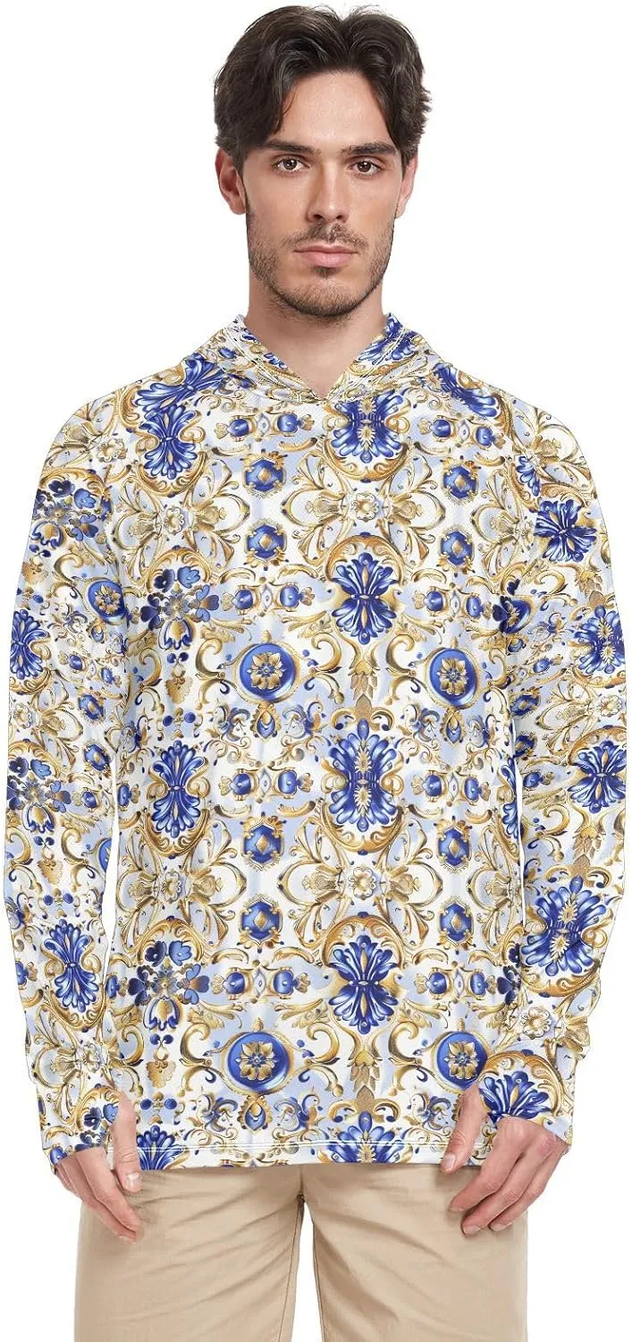 Blue Golden Embroidery Mens Sun Shirts Protection Long Sleeve Mens Sun Shirts UPF 50  Quick Dry Rashguard for Men Hooded Fishing Shirts Camisas para Pesca de Hombre