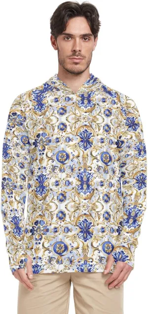 Blue Golden Embroidery Mens Sun Shirts Protection Long Sleeve Mens Sun Shirts UPF 50  Quick Dry Rashguard for Men Hooded Fishing Shirts Camisas para Pesca de Hombre