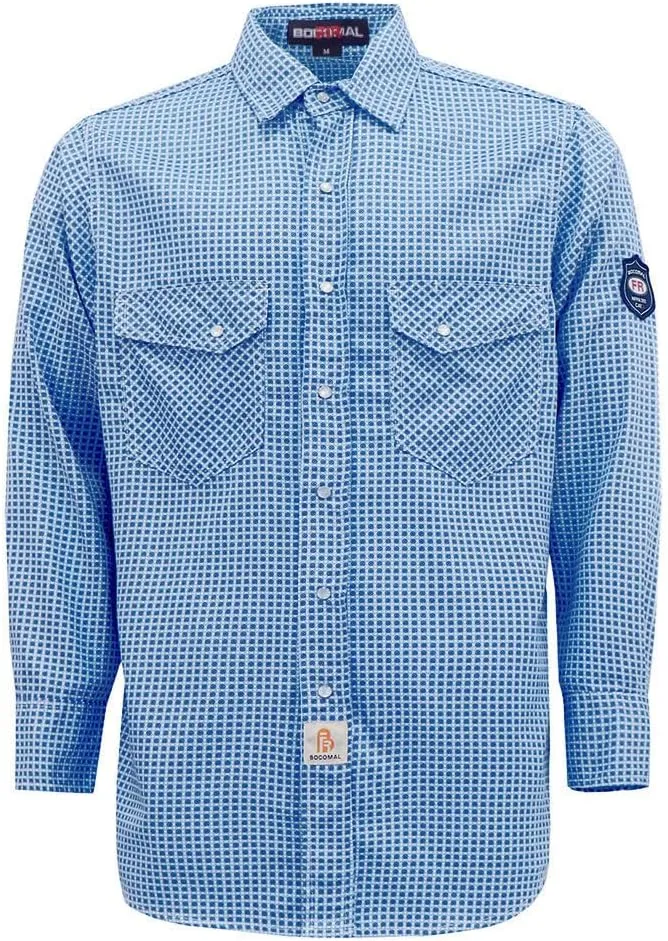 BOCOMAL FR Shirts for Men Printed Plaid Flame Resistant Clothing 6.5oz Cotton Button Up Welding Shirts NFPA2112 CAT2