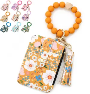Bohemian Style Beaded Tassel Keychain Wallet With Floral Pattern, Fashion Wristband Accessories For Women