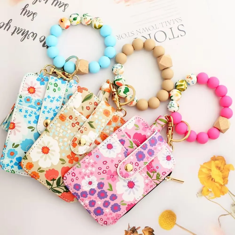 Bohemian Style Beaded Tassel Keychain Wallet With Floral Pattern, Fashion Wristband Accessories For Women