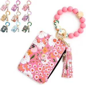 Bohemian Style Beaded Tassel Keychain Wallet With Floral Pattern, Fashion Wristband Accessories For Women