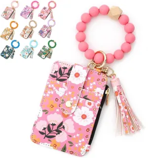 Bohemian Style Beaded Tassel Keychain Wallet With Floral Pattern, Fashion Wristband Accessories For Women