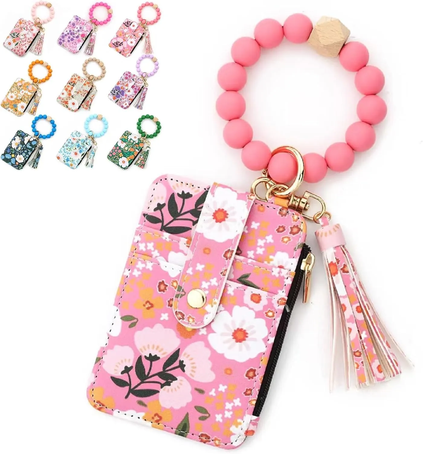 Bohemian Style Beaded Tassel Keychain Wallet With Floral Pattern, Fashion Wristband Accessories For Women
