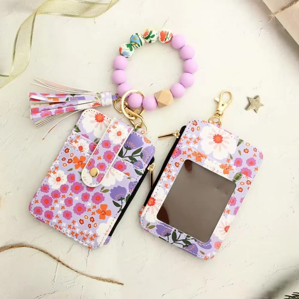 Bohemian Style Beaded Tassel Keychain Wallet With Floral Pattern, Fashion Wristband Accessories For Women