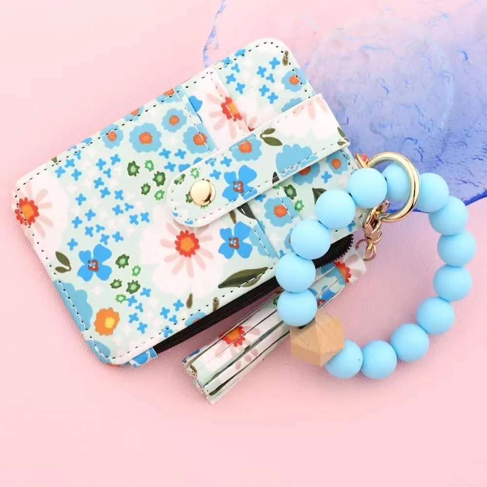 Bohemian Style Beaded Tassel Keychain Wallet With Floral Pattern, Fashion Wristband Accessories For Women
