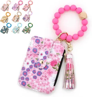 Bohemian Style Beaded Tassel Keychain Wallet With Floral Pattern, Fashion Wristband Accessories For Women