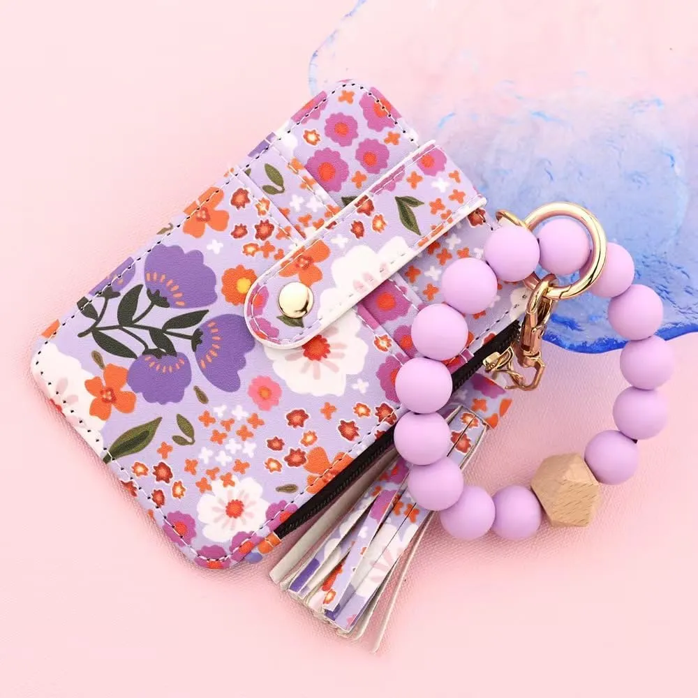 Bohemian Style Beaded Tassel Keychain Wallet With Floral Pattern, Fashion Wristband Accessories For Women