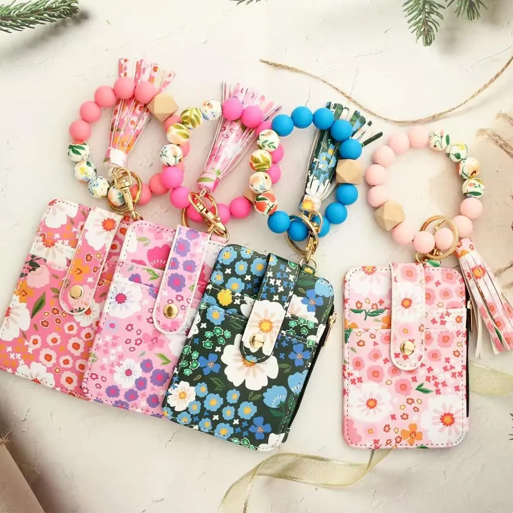 Bohemian Style Beaded Tassel Keychain Wallet With Floral Pattern, Fashion Wristband Accessories For Women