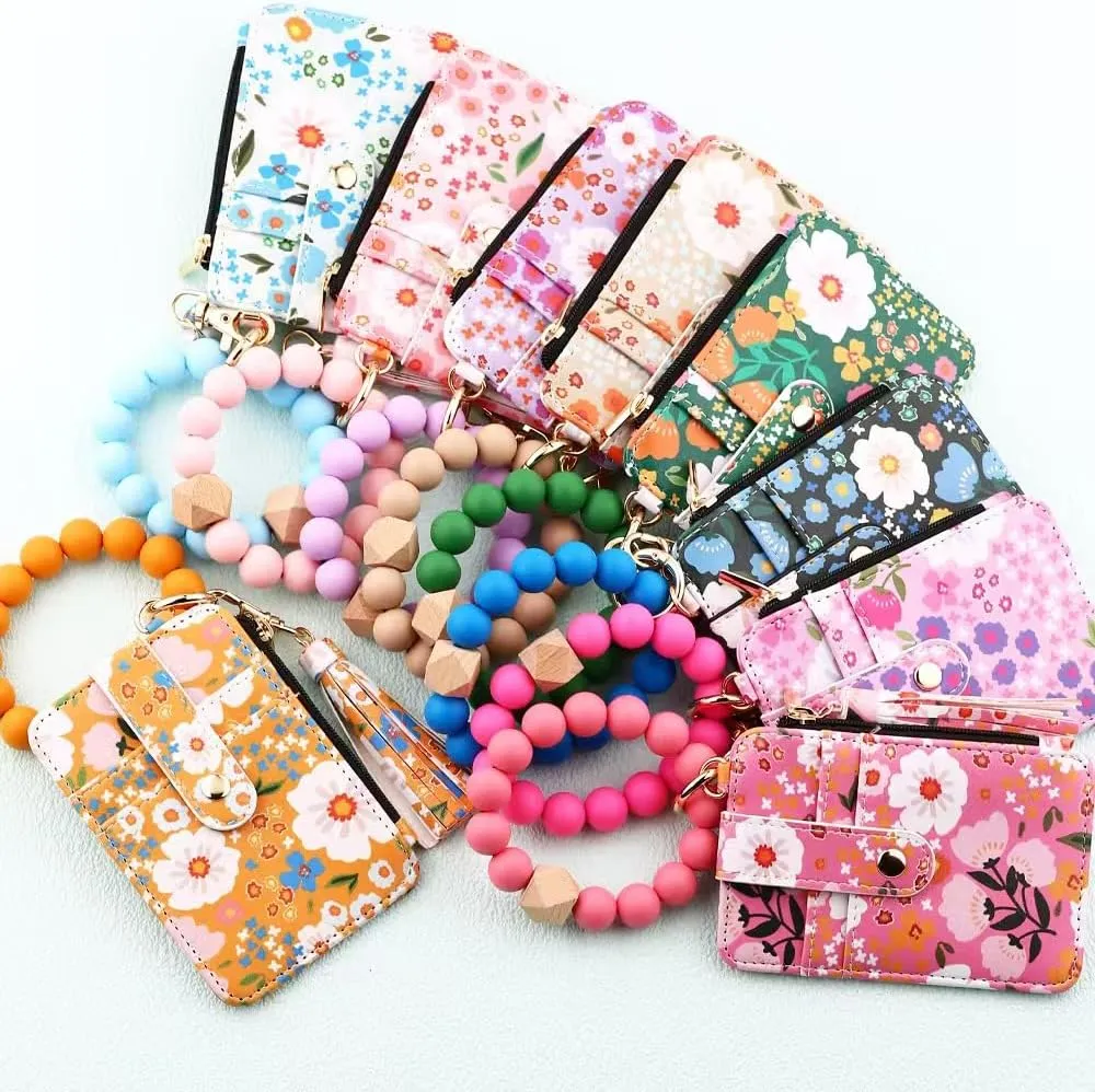 Bohemian Style Beaded Tassel Keychain Wallet With Floral Pattern, Fashion Wristband Accessories For Women