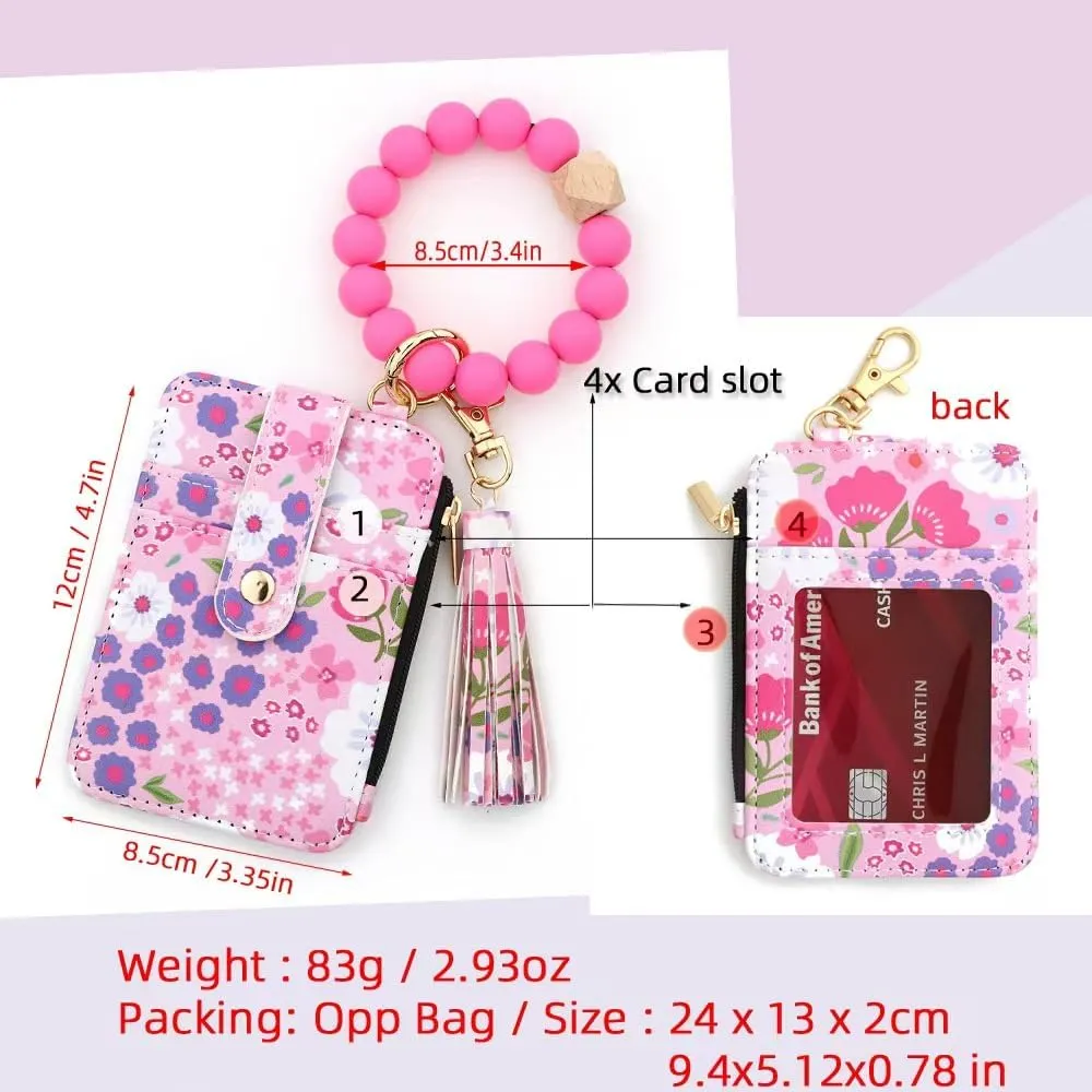Bohemian Style Beaded Tassel Keychain Wallet With Floral Pattern, Fashion Wristband Accessories For Women