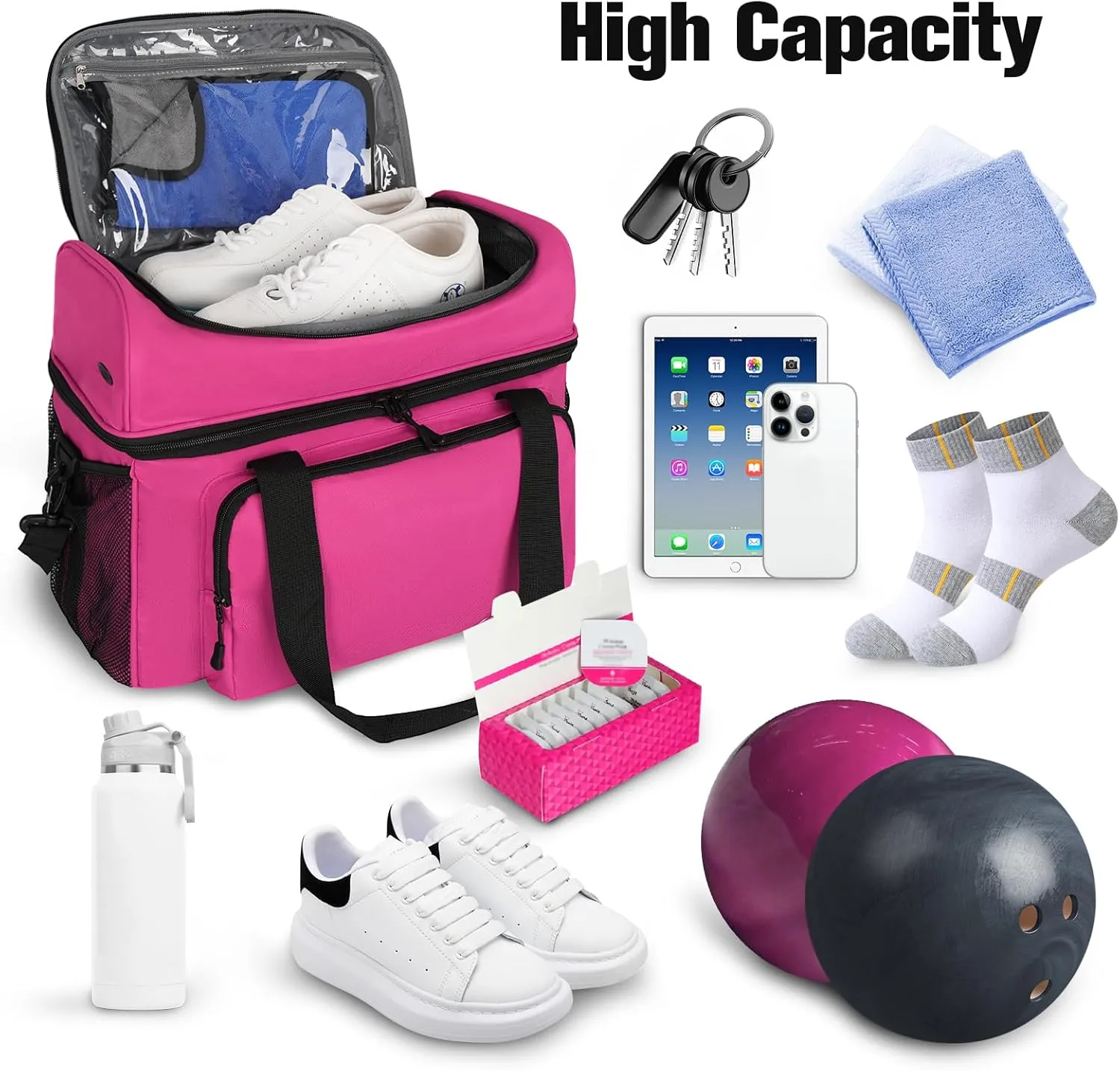 Bowling Ball Bag with Double Ball Holder - Fits Bowling Shoes Up to Mens Size 16