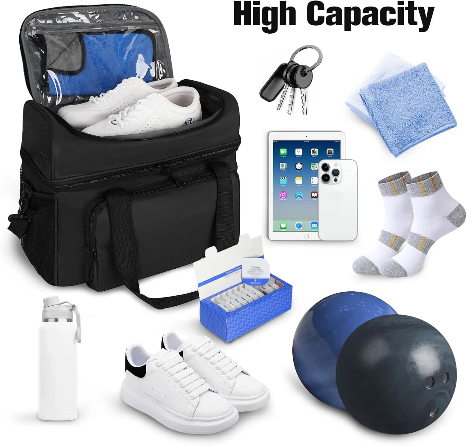 Bowling Ball Bag with Double Ball Holder - Fits Bowling Shoes Up to Mens Size 16