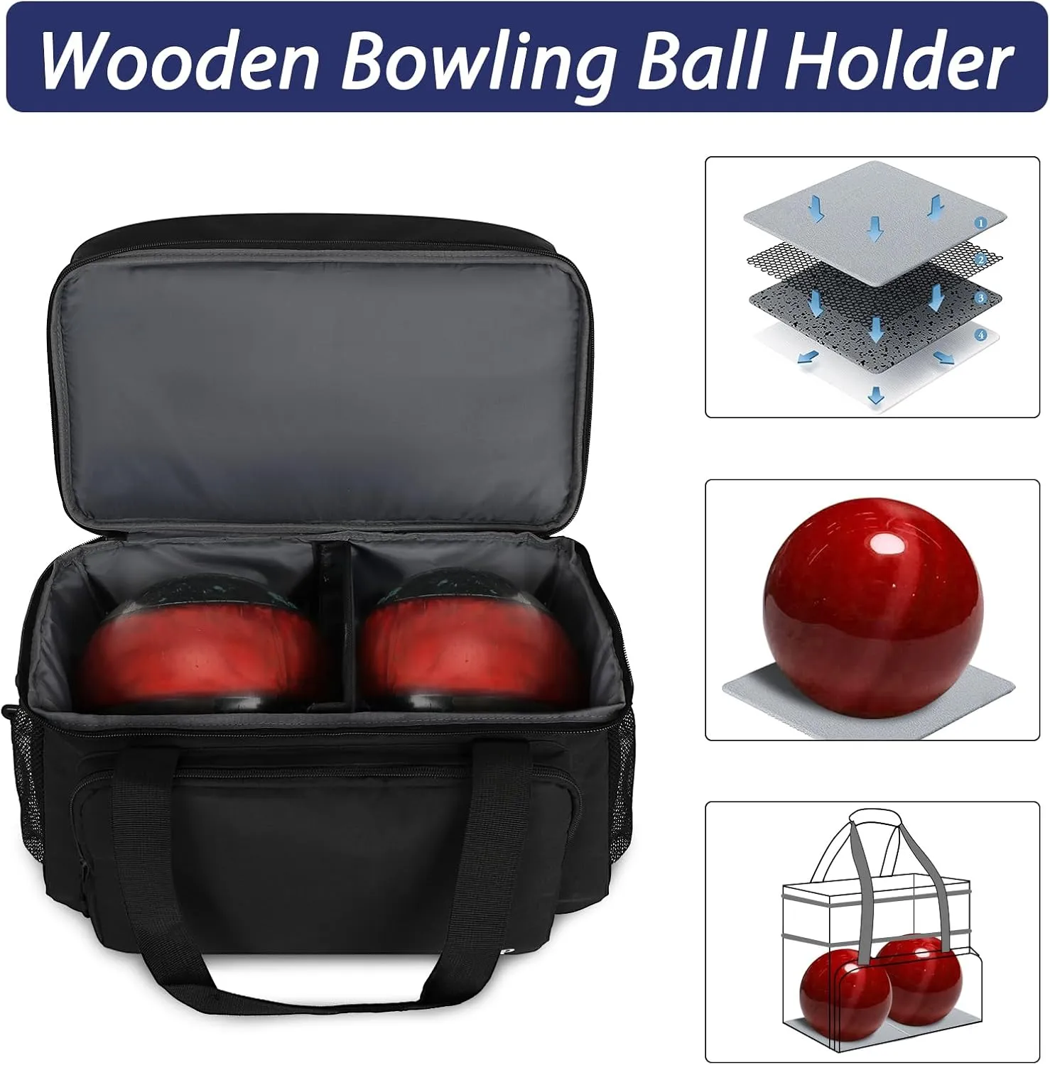 Bowling Ball Bag with Double Ball Holder - Fits Bowling Shoes Up to Mens Size 16