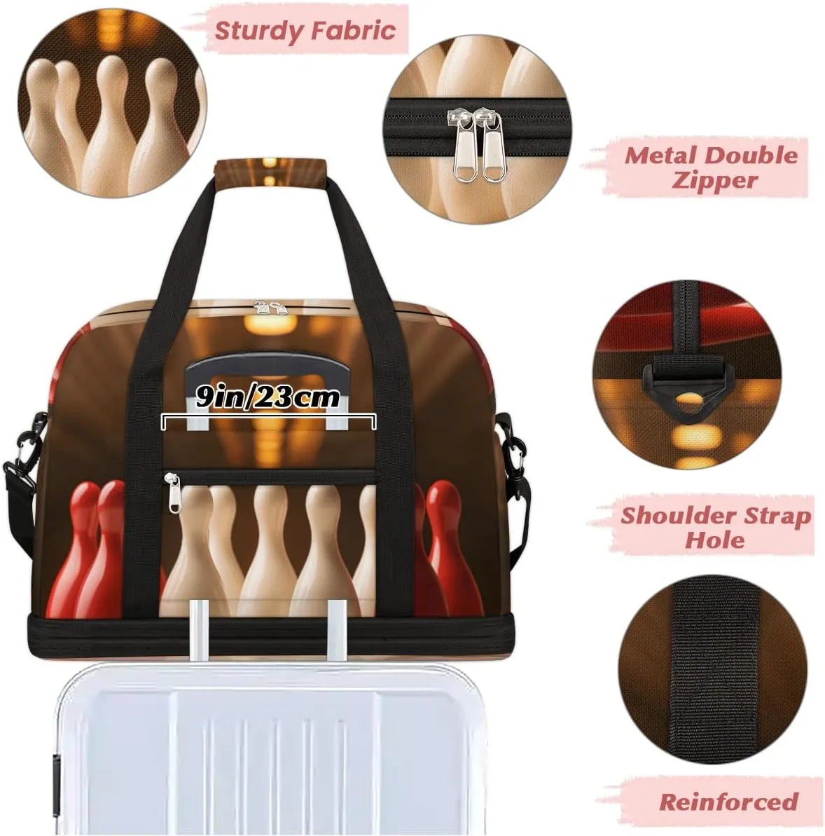 Bowling Ball Theme Foldable Travel Duffel Bag Overnight Weekender Bag with Shoes Compartment Sports Gym Bag for Men Women