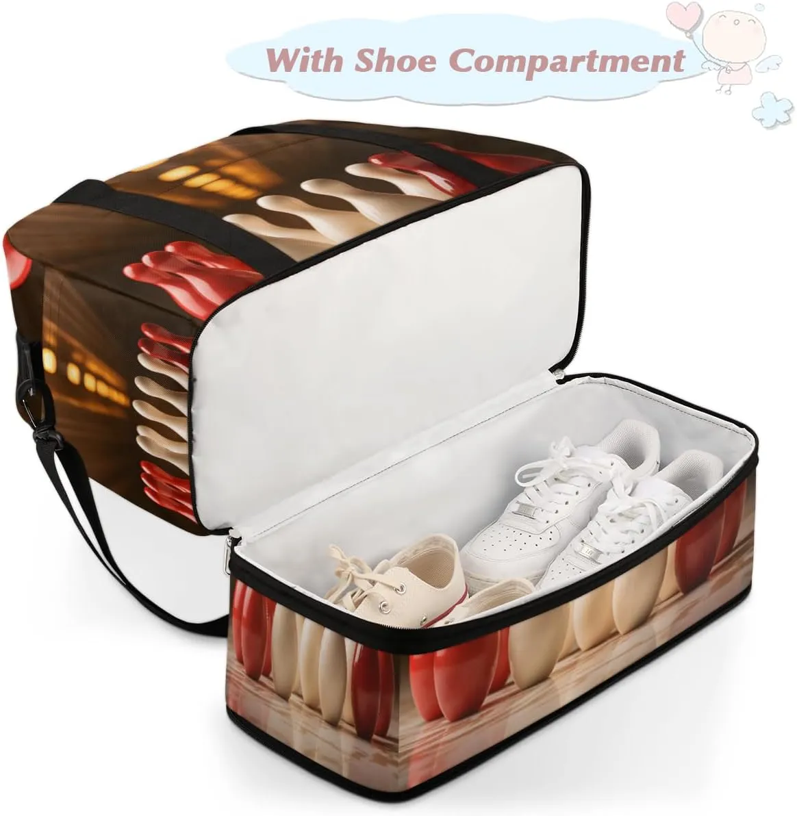 Bowling Ball Theme Foldable Travel Duffel Bag Overnight Weekender Bag with Shoes Compartment Sports Gym Bag for Men Women
