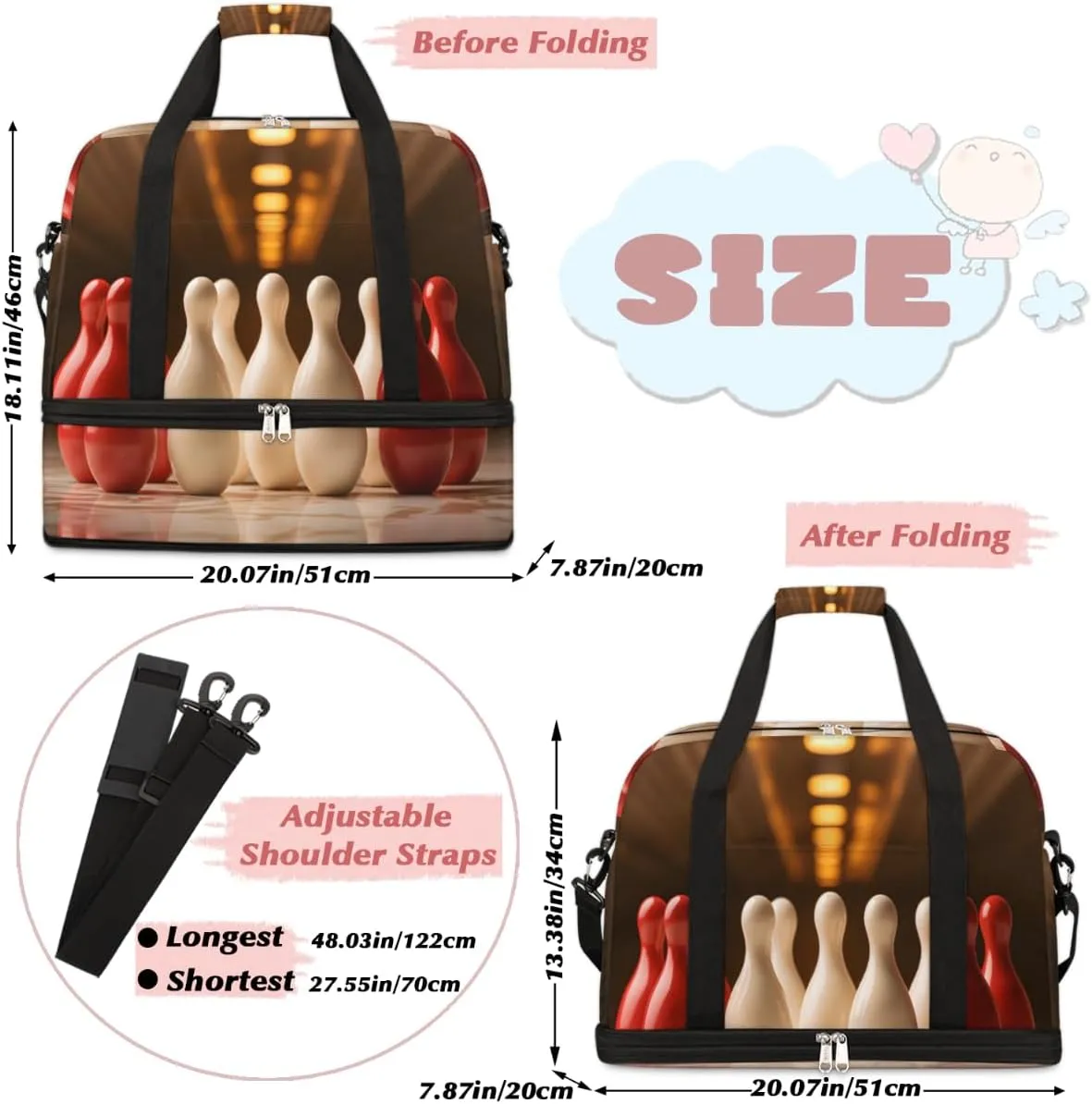 Bowling Ball Theme Foldable Travel Duffel Bag Overnight Weekender Bag with Shoes Compartment Sports Gym Bag for Men Women