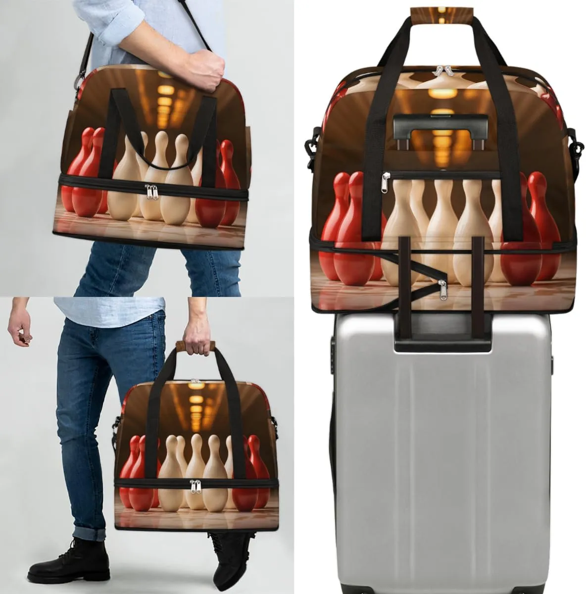 Bowling Ball Theme Foldable Travel Duffel Bag Overnight Weekender Bag with Shoes Compartment Sports Gym Bag for Men Women
