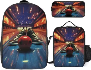 Bowling Shoes and Balls 3Pcs Backpack Set 17 Inch Laptop Backpack Travel Daypack with Lunch Box Pencil Case