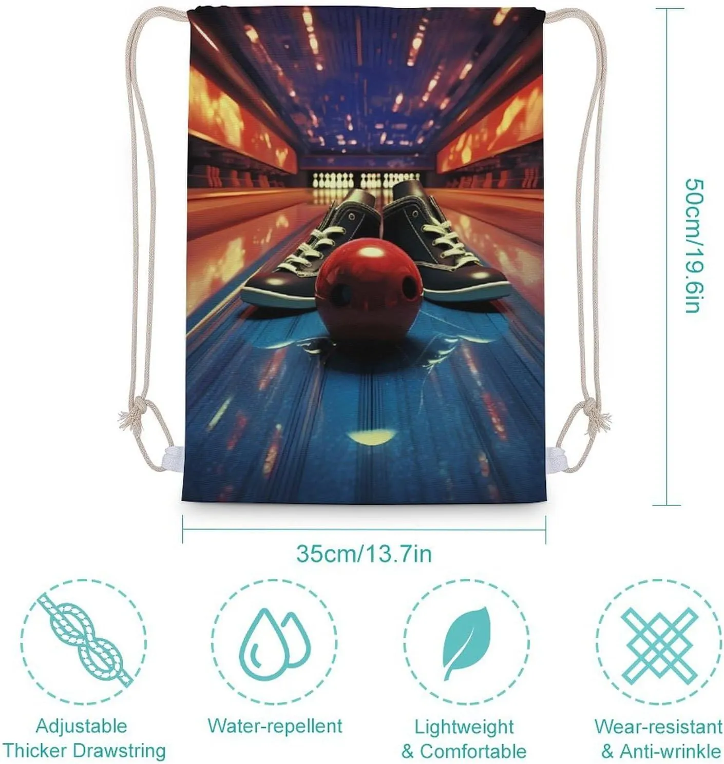 Bowling Shoes and Balls Drawstring Backpack Lightweight String Bag Casual Sackpack for Sports Gym Travel 35x50cm