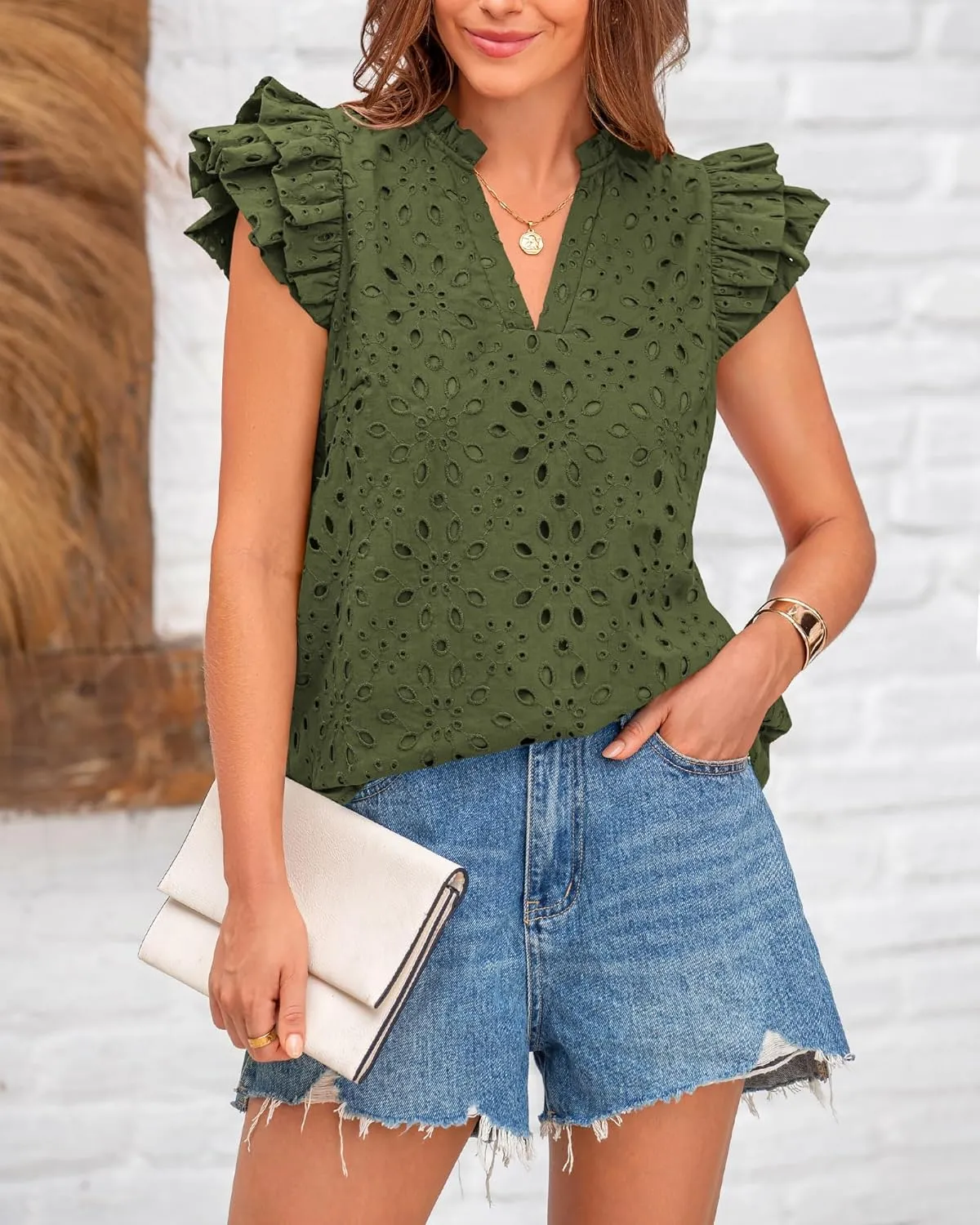 BTFBM Women Summer Eyelet Tops Dressy Casual V Neck Ruffle Cap Sleeve Cotton Boho Shirts Lace Embroidered Blouses 2025