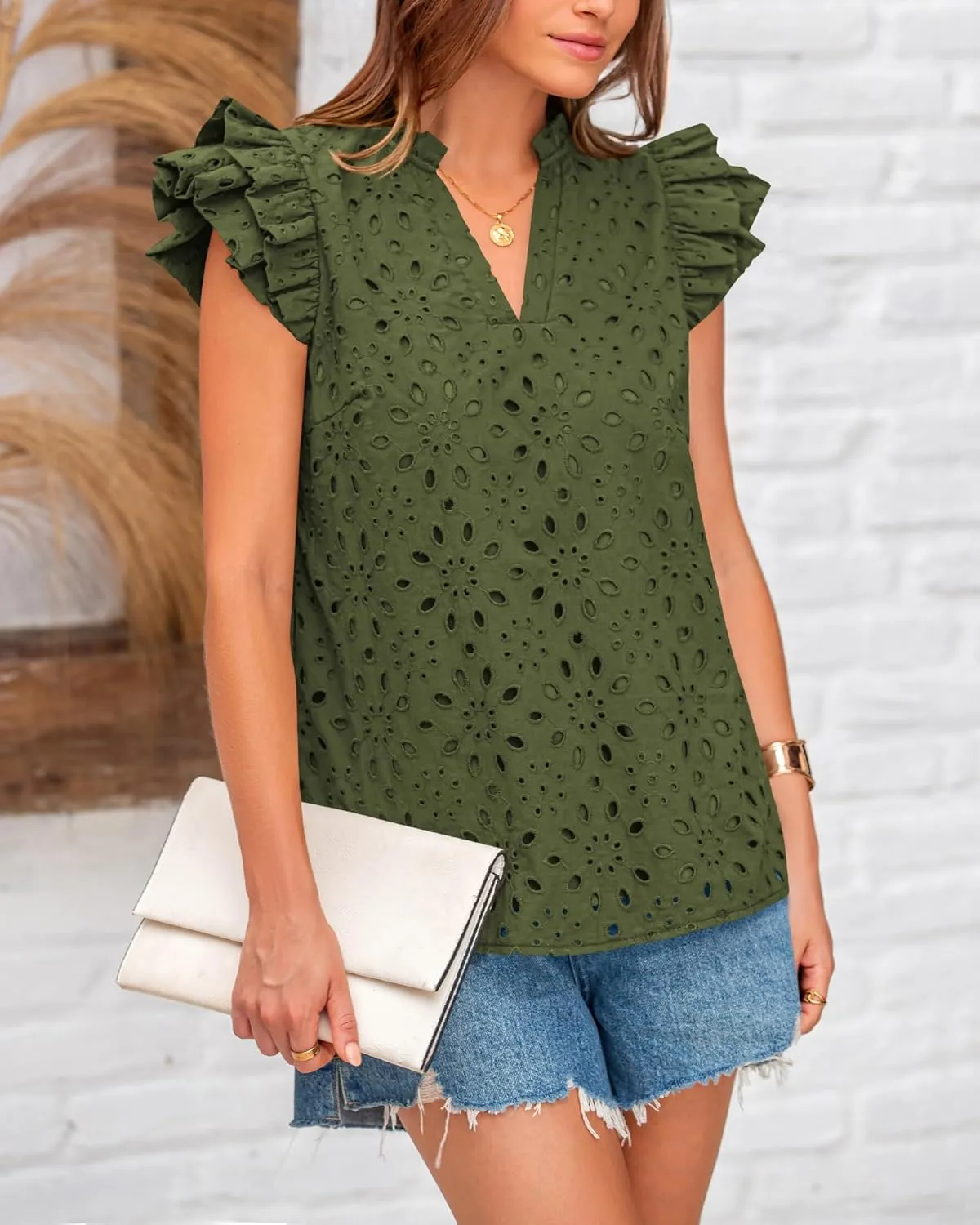 BTFBM Women Summer Eyelet Tops Dressy Casual V Neck Ruffle Cap Sleeve Cotton Boho Shirts Lace Embroidered Blouses 2025