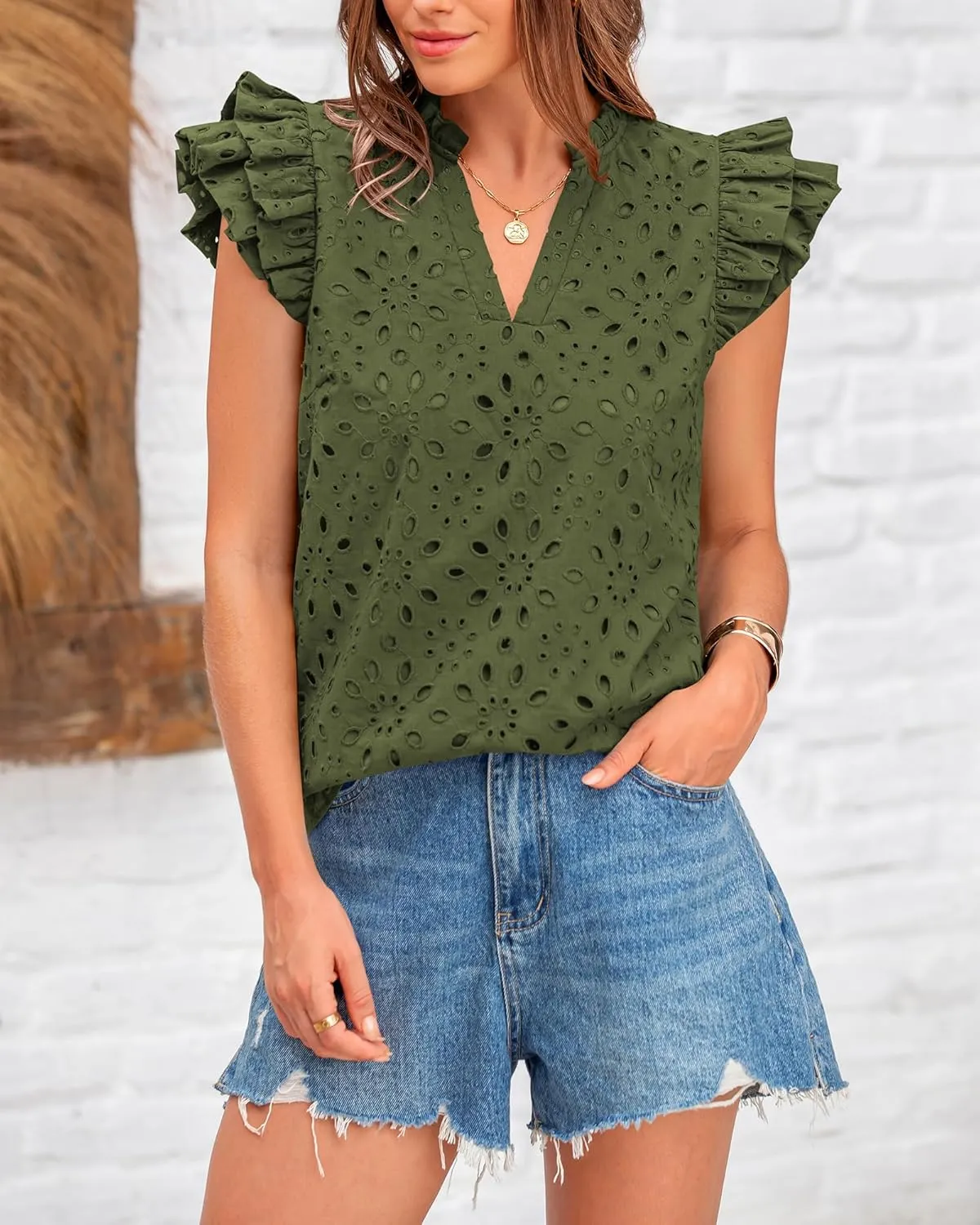 BTFBM Women Summer Eyelet Tops Dressy Casual V Neck Ruffle Cap Sleeve Cotton Boho Shirts Lace Embroidered Blouses 2025