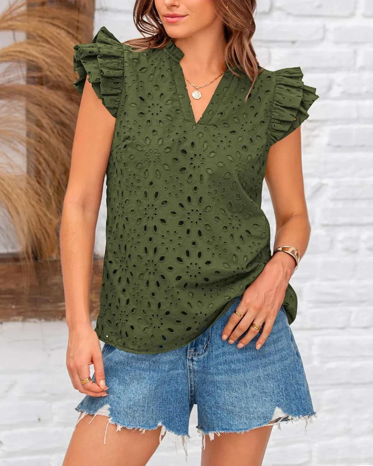BTFBM Women Summer Eyelet Tops Dressy Casual V Neck Ruffle Cap Sleeve Cotton Boho Shirts Lace Embroidered Blouses 2025