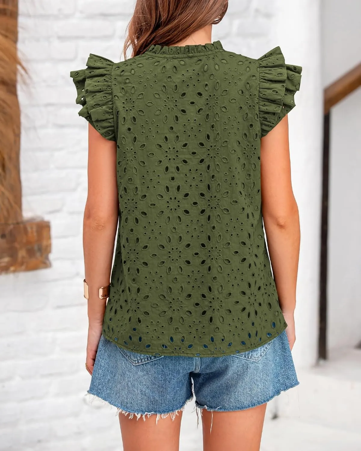 BTFBM Women Summer Eyelet Tops Dressy Casual V Neck Ruffle Cap Sleeve Cotton Boho Shirts Lace Embroidered Blouses 2025
